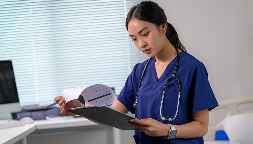 Experienced clinical reviewer analyzing medical records for a legal case