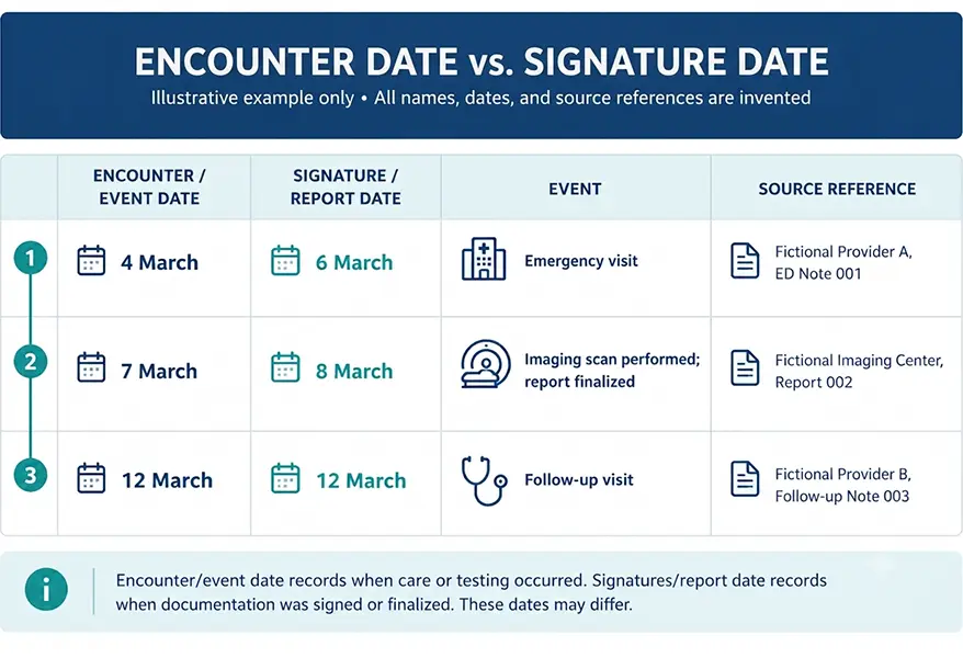 Medical records chronology showing encounter dates, clinical events, diagnoses, treatments, and source references in chronological order.