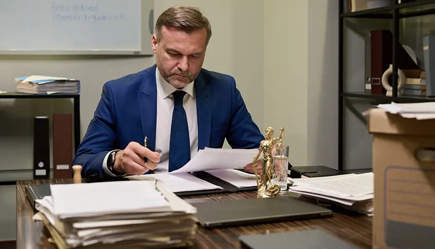 Professional reviewing paper documents beside a laptop at an office desk