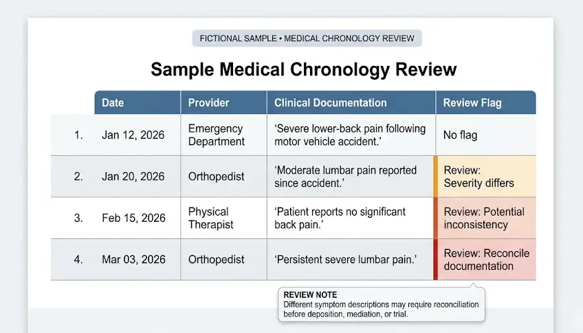 Sample medical chronology showing a flagged documentation inconsistency across provider records